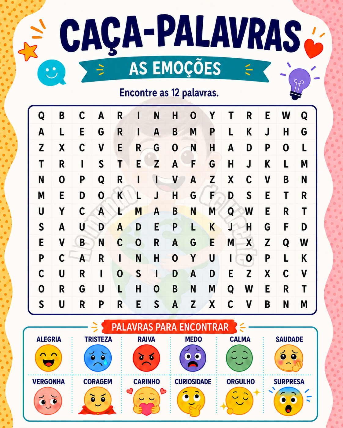Atividade de caça-palavras ilustrada com o tema Emoções, com 12 palavras escondidas e emojis coloridos